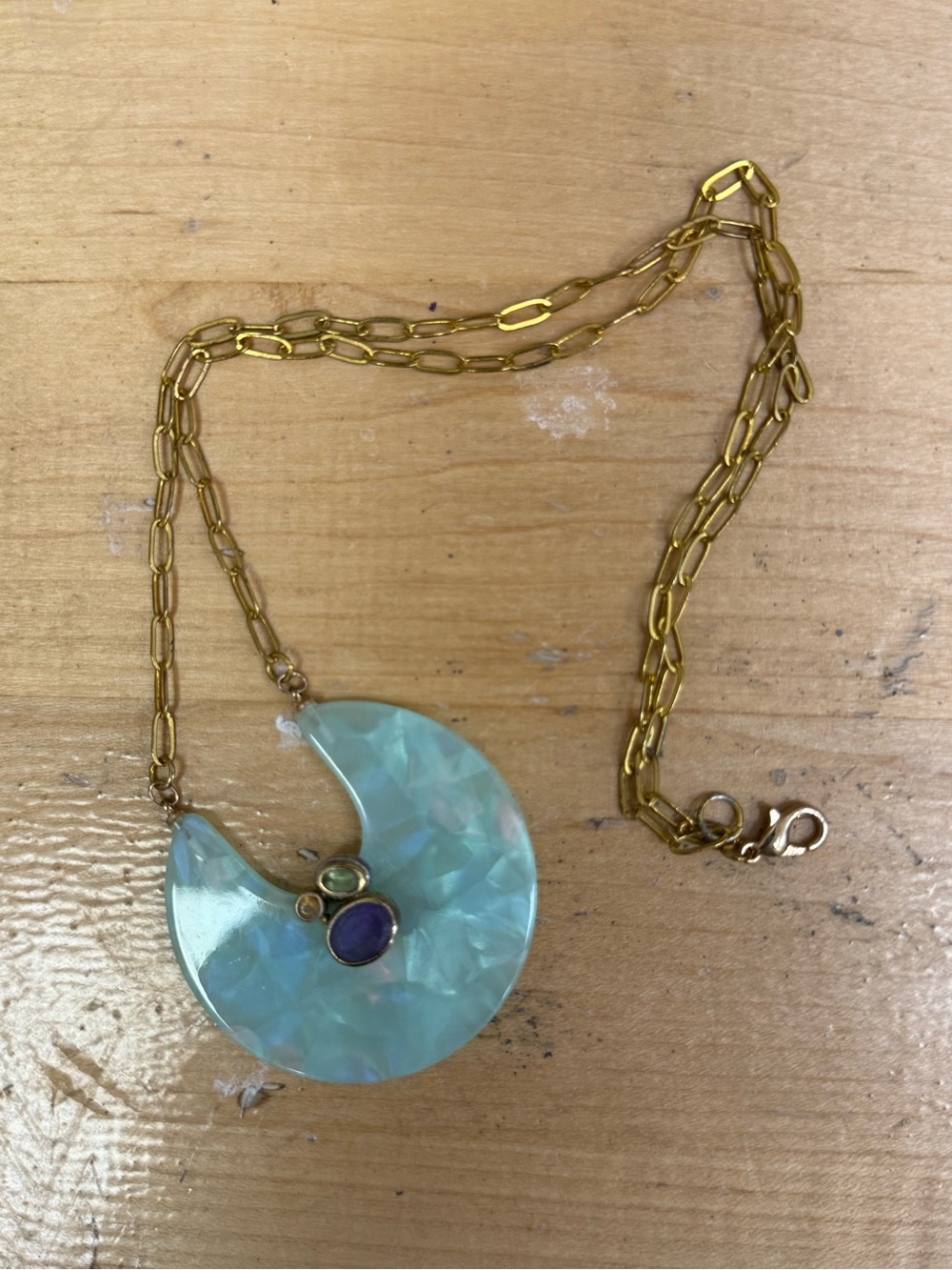 Gold Chain Necklace with Aqua Crescent Pendant and Purple Accent